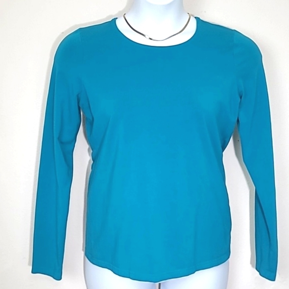 T shirt long sleeve crew neck turquoise teal Blue stretch Kim Rogers